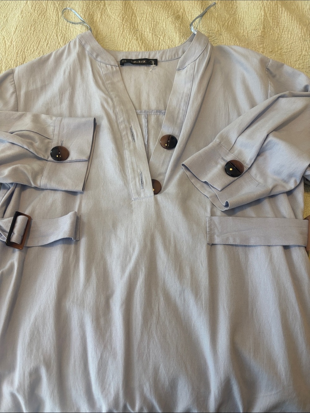 Zara Light Blue Midi Dress with Tortoiseshell Buttons/split hem. Medium